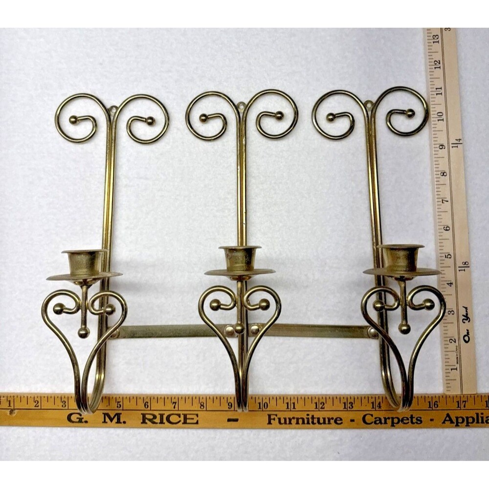 Home Interiors Brass Tone Triple Wall Candle Sconce 3 Arm Scroll 14" Vintage - Picture 6 of 10